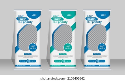 Best Rollup banner design for health care medical, good for corporate official design. Simple eye-catching Design layout template for business or personal use. Stand banner design vector template. 