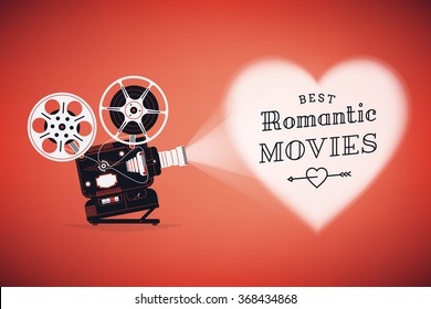 Best romantic movies concept illustration with retro movie film projector projecting heart on red background vector illustration