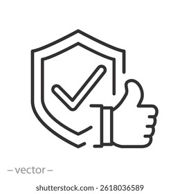 best safety icon, like with shield, secured thin line web symbol on white background - editable stroke vector illustration eps10