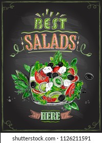 Best salads here, chalkboard menu with greek salad, hand drawn illustration