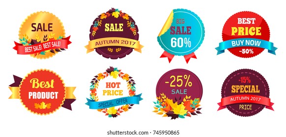Best sale 2017 autumn discount buy now hot price promo posters with percent signs, round advertisement labels with foliage vector isolated on white
