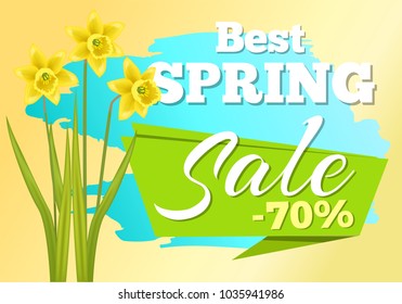Best sale 70% off sticker with daffodil narcissus bulbous, advertisement label with springtime flowers, emblem with blooming spring buds, vector