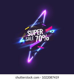 Best sale banner. Original poster for discount. Geometric shapes and neon glow against a dark background. Vector illustration.