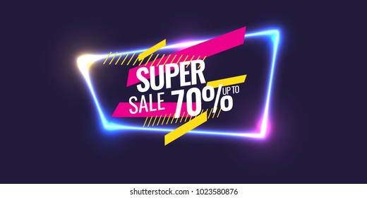 Best sale banner. Original poster for discount. Geometric shapes and neon glow against a dark background. Vector illustration.