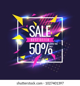 Best sale banner. Original poster for discount. Geometric shapes and neon glow against a dark background. Vector illustration