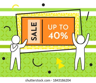 Best sale banner with people silhouettes standing near advertising poster with lettering up to 40%. Characters show their hands to the broadsheet, discount shopping time, new season sale illustration