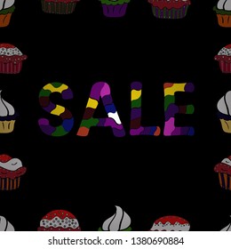 Best sale banner. Vector. Bright abstract background with text. Original poster for discount. Seamless. Pictures in black, white and red colors. Lettering.