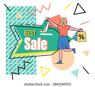 Best sale banner with a woman holding shopping bag standing near advertising poster with lettering. Smiling jumping girl with shopping or gifts, discount shopping time, new season sale poster