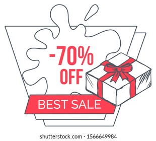 Best sale with big discounts. Up to 70 percent off price, good offer in shop. Promotion poster for people to buy gifts and presents. Box tied with red ribbon and bow. Vector illustration in flat style
