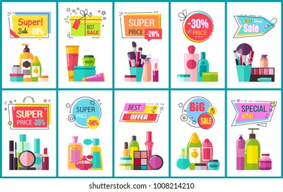 Best sale for decorative and skincare cosmetics promotional posters set. Bottles and containers with lotions and makeup elements vector illustrations.