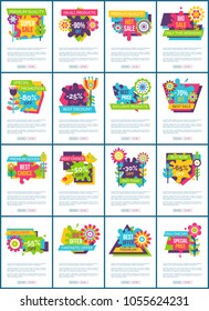 Best sale with huge discount promo banners set. Fantastic offer on sale commercial posters. Discount advertisement web pages vector illustrations.