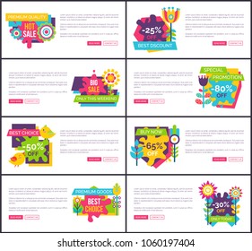 Best sale with huge discount promo banners set. Fantastic offer on sale commercial posters. Discount advertisement web pages vector illustrations.