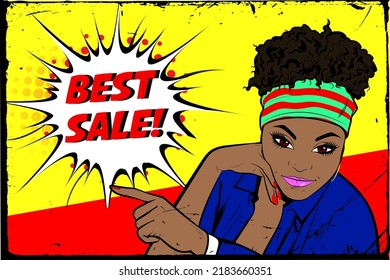 Best Sale and huge discounts during Black Friday or final sale. Portrait of happy young African American woman shopper resting her head on her hand and pointing. Vector illustration in Comic Book Pop 