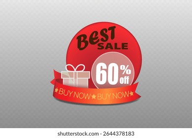 Best sale label with gift icon and red ribbon for holiday or seasonal promotion.