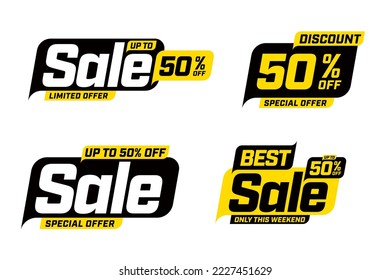 Best sale offer advertising sticker design set. Shopping discount limited business offer sticker collection. Sale promotion black and yellow label templates vector illustration