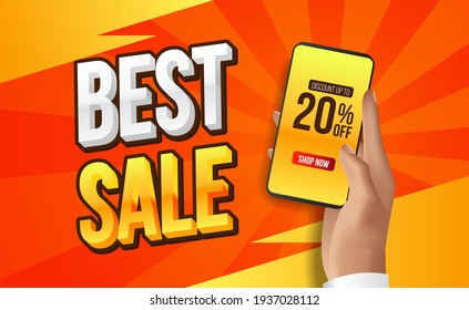 Best sale offer banner or discount template for e commerce with hand hold phone with yellow or orange color background