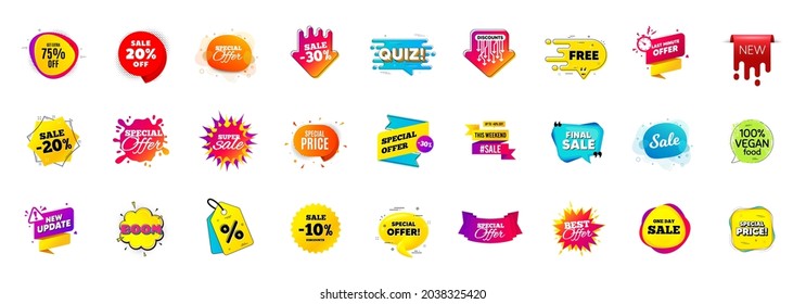 Best sale offer banners. Discounts price deal stickers. Special offer 3d bubble. Promotion sale tag coupons. Quiz bubble banner. Best discount deal sticker templates. Promotion Ad labels. Vector
