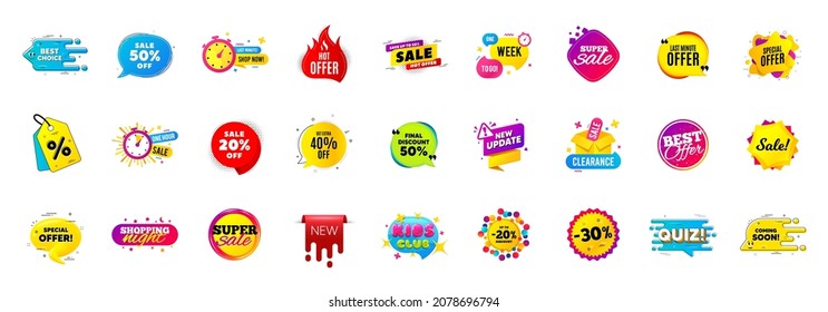 Best sale offer banners. Discounts price deal stickers. Special offer 3d bubble. Promotion sale tag coupons. Best discount deal sticker templates. Quiz bubble banner. Promotion Ad labels. Vector