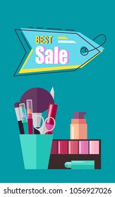 Best sale poster with cosmetics, cup and brushes with scissors, eyeshadows and foundation, headline in form of tag, isolated on vector illustration