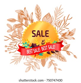 Best sale, poster with golden sticker, red ribbon and lot of different leaves, composition on vector illustration isolated on white