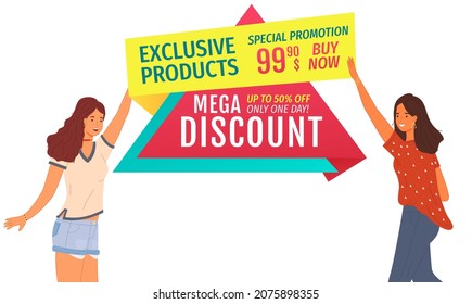 Best sale and premium goods choice. Promotional banner with young people standing near inscription. Advertisement of discount poster template. Couple advertising special goods, best choice banner