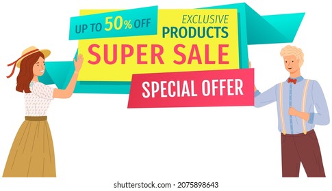 Best sale and premium goods choice. Promotional banner with young people standing near inscription. Advertisement of discount poster template. Couple advertising special goods, best choice banner