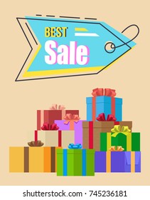 Best sale promotion tag on bright background. Vector illustration with blue sale tag with discount advertisement and boxes in festive wrapping paper