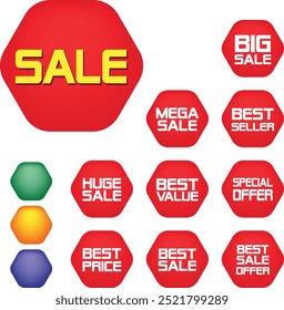 Best for sale sticker, price tag, quality mark, Red postage stamps, A collection of different colored star stickers, Realistic red price tags collection, Special offer or shopping discount label.