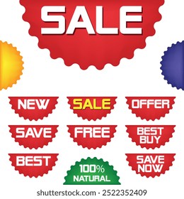 Best for sale sticker, price tag, quality mark, Red postage stamps, A collection of different colored star stickers, Realistic red price tags collection, Special offer or shopping discount label.