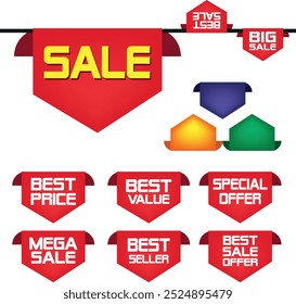 Best for sale sticker, price tag, quality mark, Red postage stamps, A collection of different colored star stickers, Realistic red price tags collection, Special offer or shopping discount label.