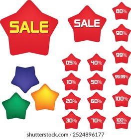 Best for sale sticker, price tag, quality mark, Red postage stamps, A collection of different colored star stickers, Realistic red price tags collection, Special offer or shopping discount label.