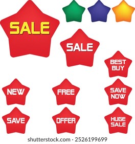 Best for sale sticker, price tag, quality mark, Red postage stamps, A collection of different colored star stickers, Realistic red price tags collection, Special offer or shopping discount label.