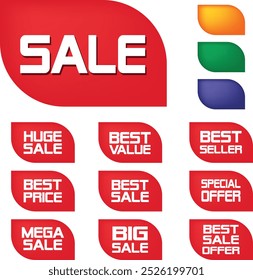 Best for sale sticker, price tag, quality mark, Red postage stamps, A collection of different colored star stickers, Realistic red price tags collection, Special offer or shopping discount label.