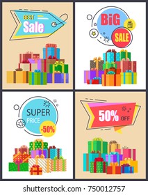 Best sale super price set of posters with discount tags surrounded by presents in boxes with bows. Vector illustration with special offer advert