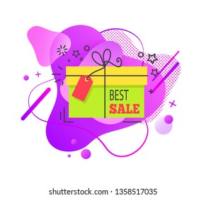 Best sale tag offer vector, liquid shaped sticker, promo purple label isolated on white. Present sale tag with small stars and circles around