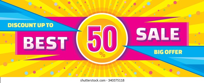 Best sale vector banner. Discount up to 50% layout. Abstract background. Concept flyer. Big offer. Horizontal poster.