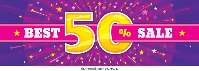 Best sale vector banner. Discount up to 50% layout. Abstract background. Concept flyer. Big offer. Horizontal poster in lilac and violet colors. 