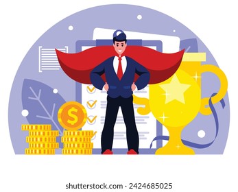 Best salesman. Brave businessman in superhero costume. Prize money concept. Success concept. Trophy. Vector graphics