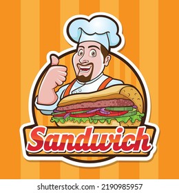 best sandwich chef mascot suitable for sandwich, panini, burger restaurant with a male chef smiling happily