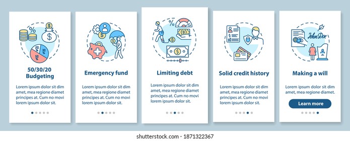Best saving strategies on boarding mobile app page screen with concepts. Budget management steps walkthrough 5 steps graphic instructions. UI vector template with RGB color illustrations