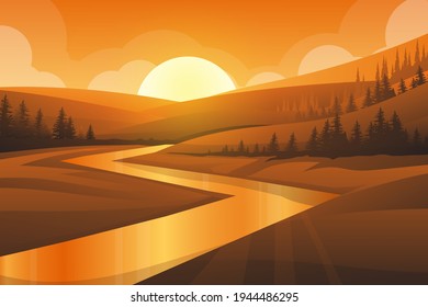 Best scene of nature landscape of mountain, river and forest with sunset in evening in warm tone. Vector illustration