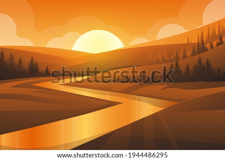 Best scene of nature landscape of mountain, river and forest with sunset in evening in warm tone. Vector illustration
