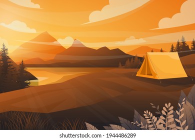 Best scene of tent camping in nature landscape of mountain, river and forest with sunray of sunset in evening in warm tone. Vector illustration