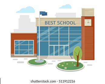 Best school building vector illustration. Flat design. Public educational institution. Modern projects of educational establishments. School facade and yard. Front view. College organization