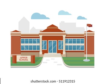 Best school building vector illustration. Flat design. Public educational institution. Modern projects of educational establishments. School facade and yard. Front view. College organization