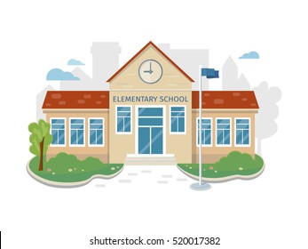 Best school building vector illustration. Flat design. Public educational institution. Modern projects of educational establishments. School facade and yard. Front view. College organization