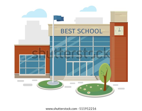 Best school building vector illustration.\
Flat design. Public educational institution. Modern projects of\
educational establishments. School facade and yard. Front view.\
College organization