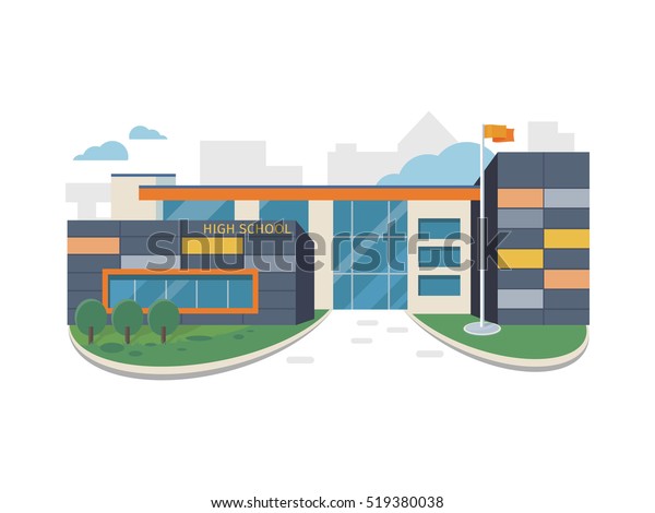 Best school building vector illustration.\
Flat design. Public educational institution. Modern projects of\
educational establishments. School facade and yard. Front view.\
College organization