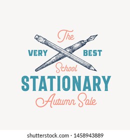Best School Stationary Abstract Vector Sign, Symbol or Logo Template. Crossed Pen and Pencil Sketch with Classy Retro Typography. Vintage Luxury Sason Sale Education Emblem. Isolated.