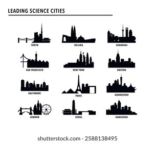 Best science cities index - logo, icon pack with skylines of Tokyo, Beijing, Shanghai, San Francisco, New York, Boston, Baltimore, Paris, Guangzhou, London, Seoul, Hangzhou. Vector ranking image